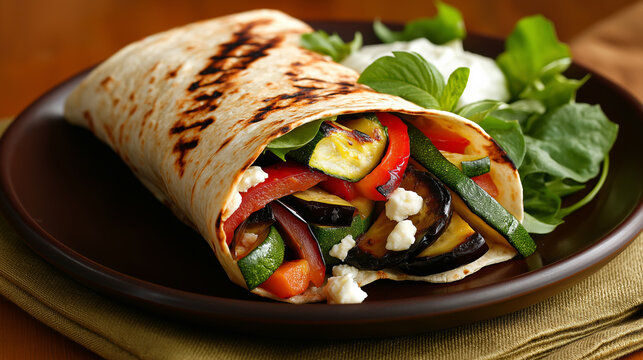 Refreshing hummus and grilled vegetable wrap served with mixed greens and yogurt dressing