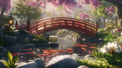 Serene Japanese Garden with Red Bridge and Colorful Koi Fish