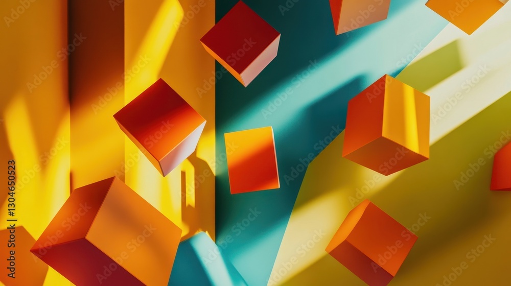 Wall mural geometric abstract background with primary-colored shapes floating in space