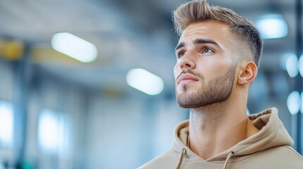 Vision of the Future: A focused young man gazes upward, bathed in soft, diffused light, the blurred backdrop hints at a bustling setting, maybe a gym or a modern workspace.