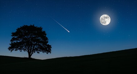 언덕 위에 나무, 밤하늘, 별똥별