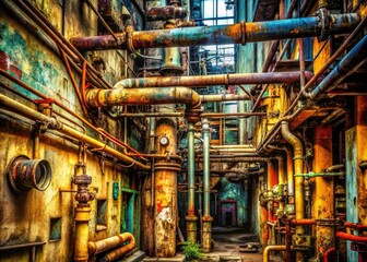 Urban Exploration Photography: Close-up Schematic Diagram of Abandoned Building - Industrial Decay, Rusty Pipes, Graffiti Art
