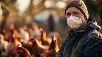Avian flu protection concept. Farmer wearing protective mask stands among chickens in outdoor farm setting