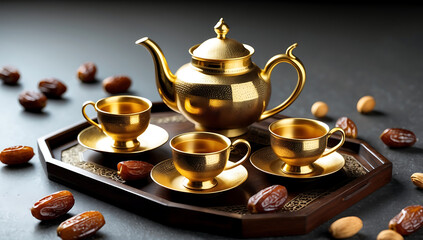 Luxurious Arabic Tea Set with Golden Teapot and Cups, Traditional Hospitality with Dates
