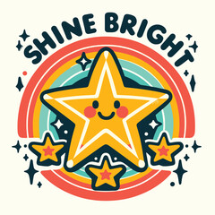 Cheerful Star Illustration with Shine Bright Text and Rainbow Theme in Flat Style