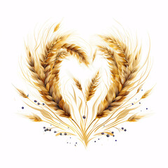 Golden wheat stalks forming a heart shape on a white background.