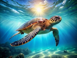 Fototapeta premium Majestic Sea Turtle Gracefully Swimming in Crystal Clear Ocean Water