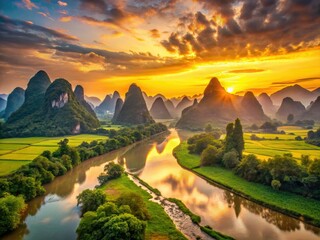 Fototapeta premium High-resolution images of serene Asian mountains bathed in breathtaking sunrises; inspiring, tranquil landscapes perfect for spiritual retreats.