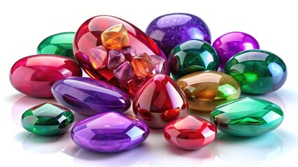 Vibrant Gemstone Collection: Purple, Red, & Green Polished Stones on White Background - High-Resolution Stock Photo