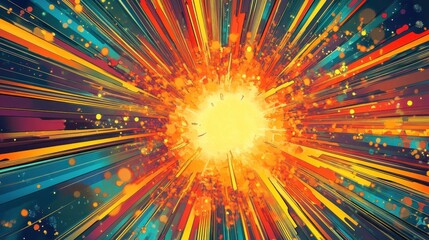 Comic wallpaper with radial halftone bursts and abstract primary-colored waves