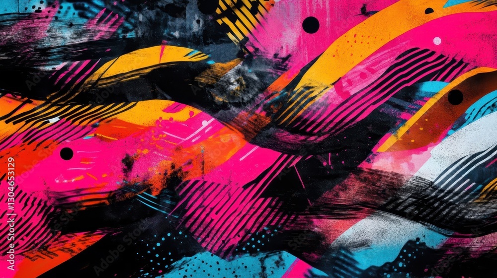 Poster graffiti pop-art backdrop with chaotic neon textures and halftone patterns