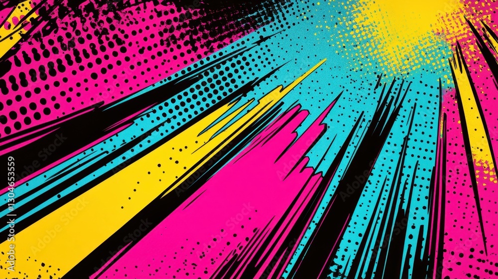 Wall mural retro comic backdrop with intense neon streaks and halftone patterns adding depth