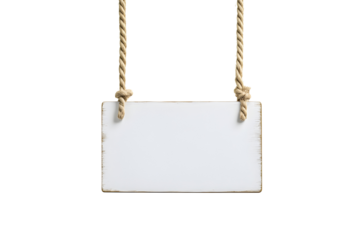White wooden sign hanging from a rope, cut out, on white or transparent background