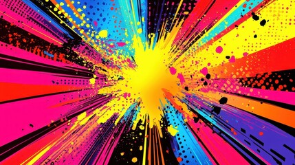 Neon pop-art explosion background with chaotic comic elements and halftone gradients