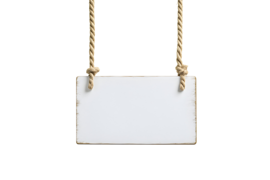 White wooden sign hanging from a rope, cut out, on white or transparent background