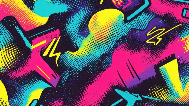 Fototapeta Retro-inspired pop-art wallpaper with halftone shading and neon color streaks