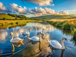 Fototapeta premium Majestic Swans Grace the Calm Waters of Cuckmere Haven, Sussex, UK