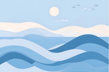 a stylized depiction of a serene ocean scene with waves and mountains. The image features soft blue hues and a sun
