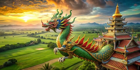 Fototapeta premium Majestic Thai Dragon Soaring Above Ancient Temples - Aerial View