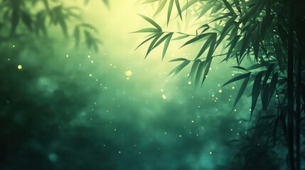 Soft-focus bamboo forest wallpaper with ethereal green glow and bokeh effects