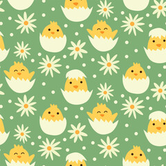 hand drawn easter baby chicks in cracked eggs with white daisies seamless pattern on green background. For easter fabric, textile and greeting cards