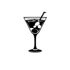 Black and white martini glass illustration, with a minimalist design, showing a drink with olives and a straw.