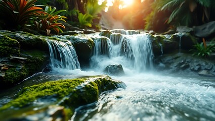 "Serene Close-Up of a Waterfall Cascading Over Mossy Rocks"