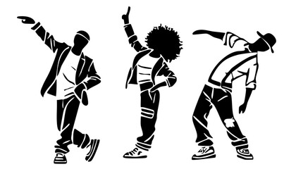 Dancing man and woman silhouette. Black and white dancer set. Party girl silhouettes. Street dance sketch people.