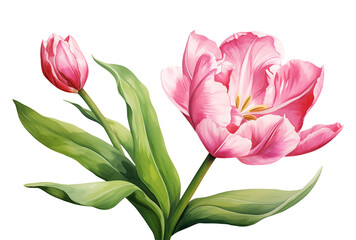 Fototapeta premium Watercolor pink tulip flower illustration with a single bloom and vibrant green leaves