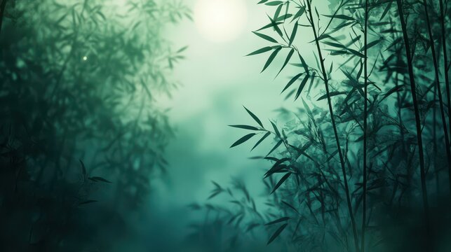 Bamboo forest backdrop with soft moonlight and a foggy abstract landscape