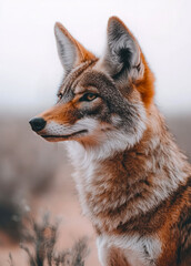 Fototapeta premium Majestic jackal in profile against the serene desert landscape showcasing intricate fur details and natural beauty