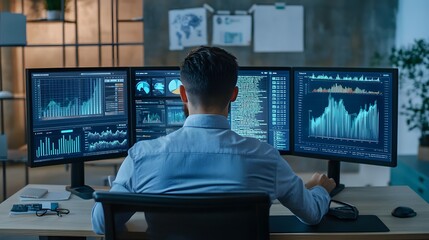 a person working at a desk, surrounded by multiple computer monitors displaying charts and data