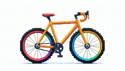 Obraz premium Classic 8-bit bicycle with angular frames and colorful wheels in primary hues, featuring chunky geometric details, isolated on a white background, evoking retro pixelated bicycle design