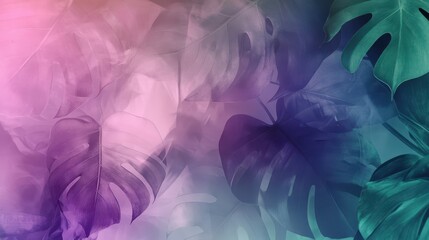 Naklejka premium Abstract background with monstera leaves and orchid shapes in watercolor mist