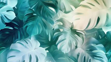 Elegant wallpaper with overlapping monstera leaves and soft emerald gradients