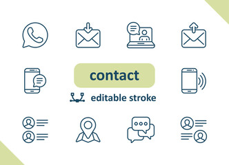 Contact icons. Contact us, social media, message, communication vector icon set