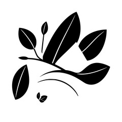 Silhouette of Leaves, Blossoms, and Branch, Black and White Style, Vector