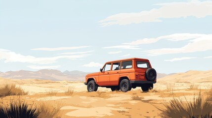 Fototapeta premium An orange vehicle parked alone in a vast desert landscape
