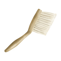 Cleaning brush with long wooden handle and natural bristles. Watercolor digital illustration. Hand brush for clothes isolated on white background. Tool for cleaning home, kitchen, cleaning services.