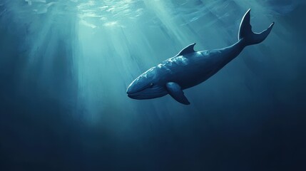 Fototapeta premium A large blue whale swims peacefully underwater in the ocean