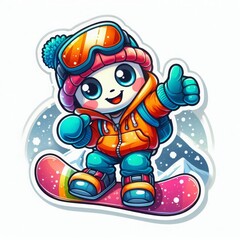 Cute panda in winter gear on snowboard, bright colors, thumbs up, snowy background