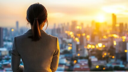 Woman in Business Suit Watching City Skyline During Sunset