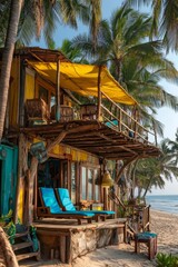 The beach hut, located in a tropical setting, boasts wooden furniture, palm trees, a cozy porch, and sun loungers for relaxation