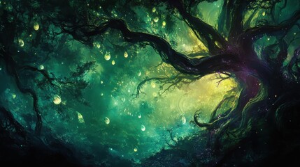 Obraz premium A surreal forest with glowing spores and deep emerald greens in a cosmic oil painting style
