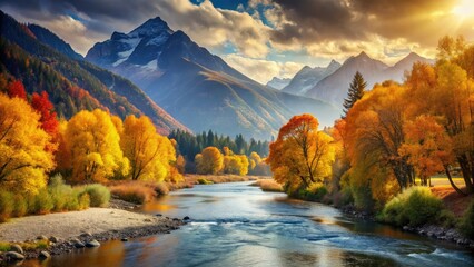 Majestic mountains, golden leaves, a serene river: breathtaking autumn landscape photography.