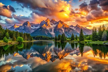 Majestic mountains, serene lake, dramatic sky ablaze in golden hour light; a breathtaking panoramic vista.