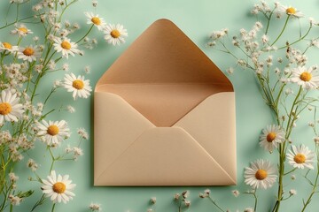 The image depicts a beige envelope with a blank card mockup set against a light green background and adorned with white daisy flowers, suitable for wedding invitations and greeting cards