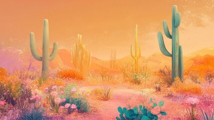 A desert bloom backdrop with glowing cacti and wildflowers in a soft peach and terracotta gradient