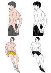 Man Sketches: A collection of artistic sketches presents a male figure from different angles and with varied styles, capturing the essence of human form through line art and minimal color palettes.