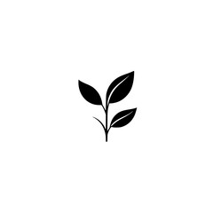 Black silhouette of a plant with three leaves on a white background, featuring a simple and clean aesthetic.